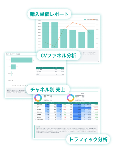 購入単価レポート, CVファネル分析, チャネル別売上, トラフィック分析